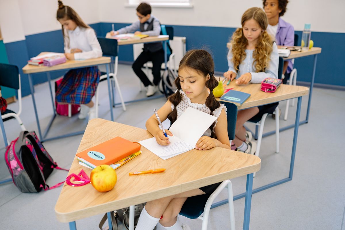 Sınıfta sırasında defterine yazı yazan bir ilkokul öğrencisi, arka planda diğer öğrenciler