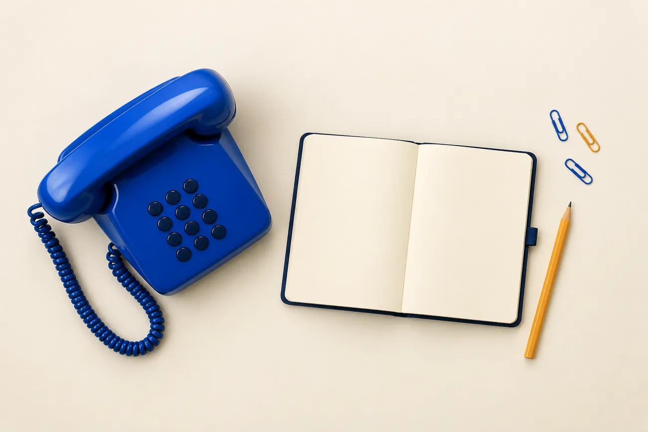 Krem masa üzerinde mavi bir telefon, açık bir defter ve kalem