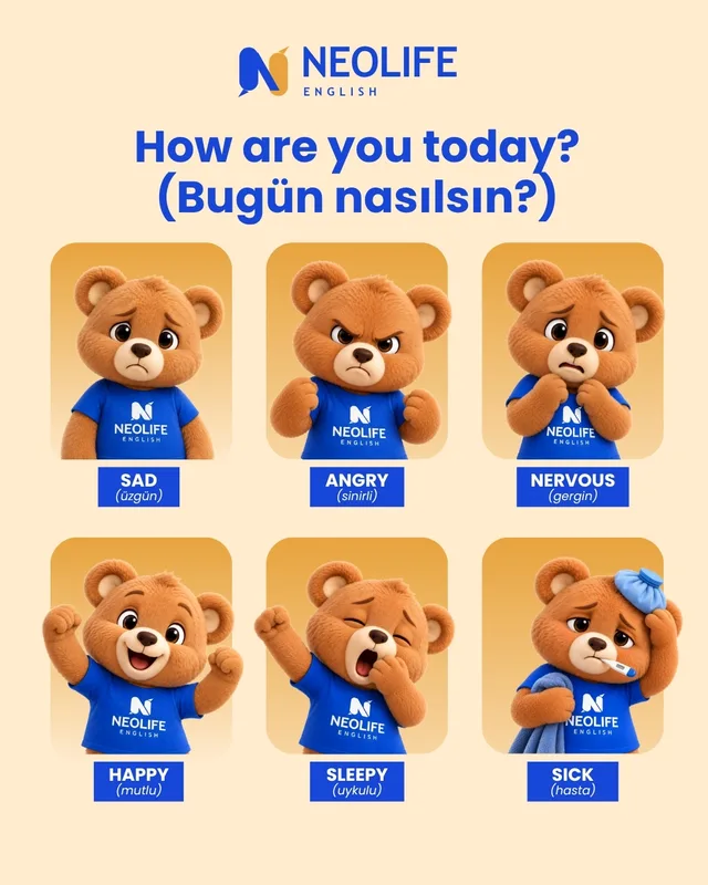 Neolife English “How are you today? / Bugün nasılsın?” kelime kartı: maskot ayıcığın sad, angry, nervous, happy, sleepy ve sick duygularını canlandırdığı altı görsel