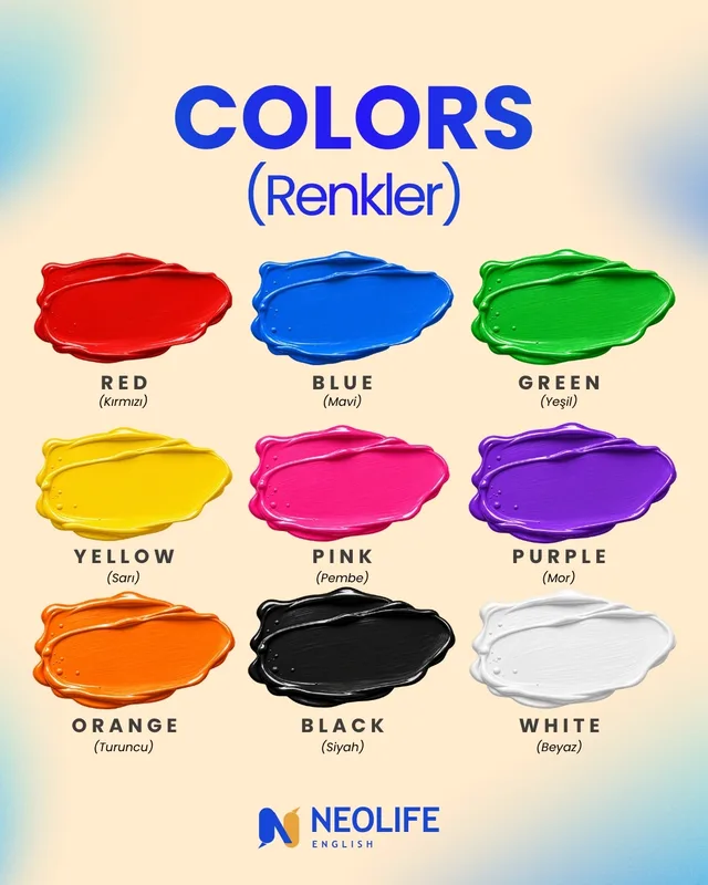 Neolife English “Colors / Renkler” kelime kartı: dokuz rengin boya izleriyle İngilizce ve Türkçe karşılıkları