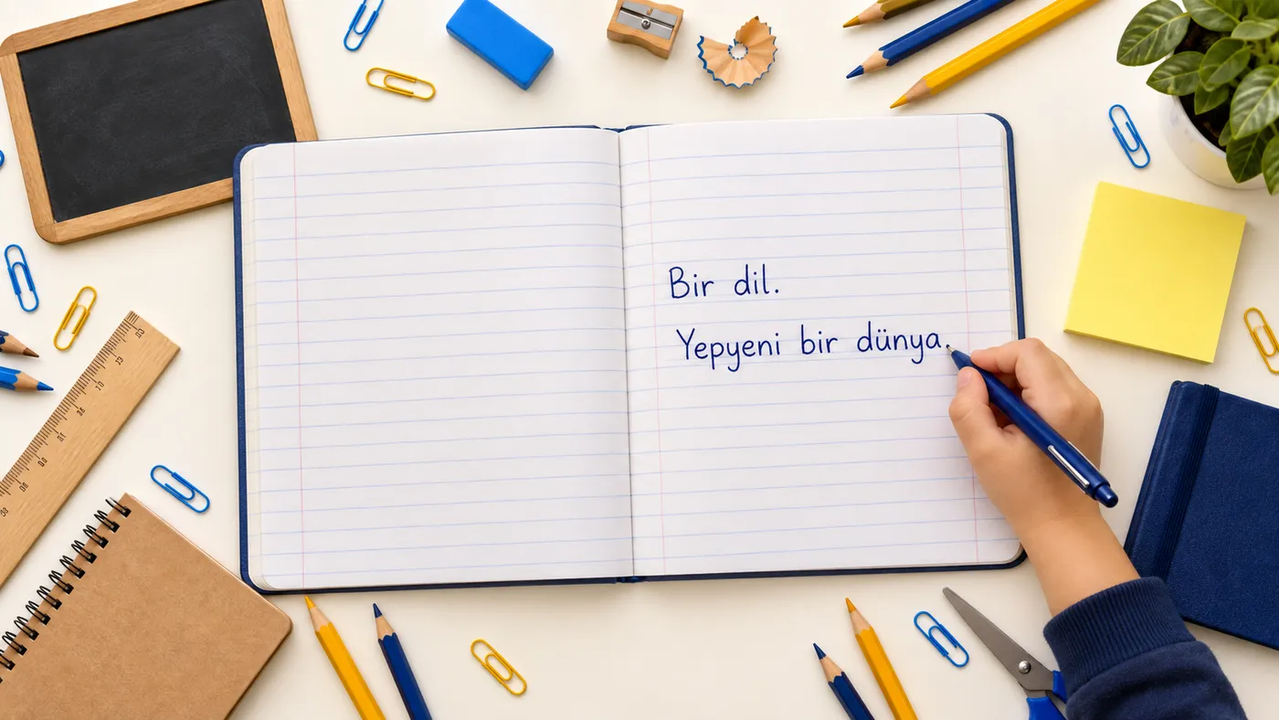 “Bir dil. Yepyeni bir dünya.” yazılı bir pano, krem masa üzerinde, çevresinde mavi ve sarı tonlarında kalemler, cetvel, makas ve okul malzemeleri
