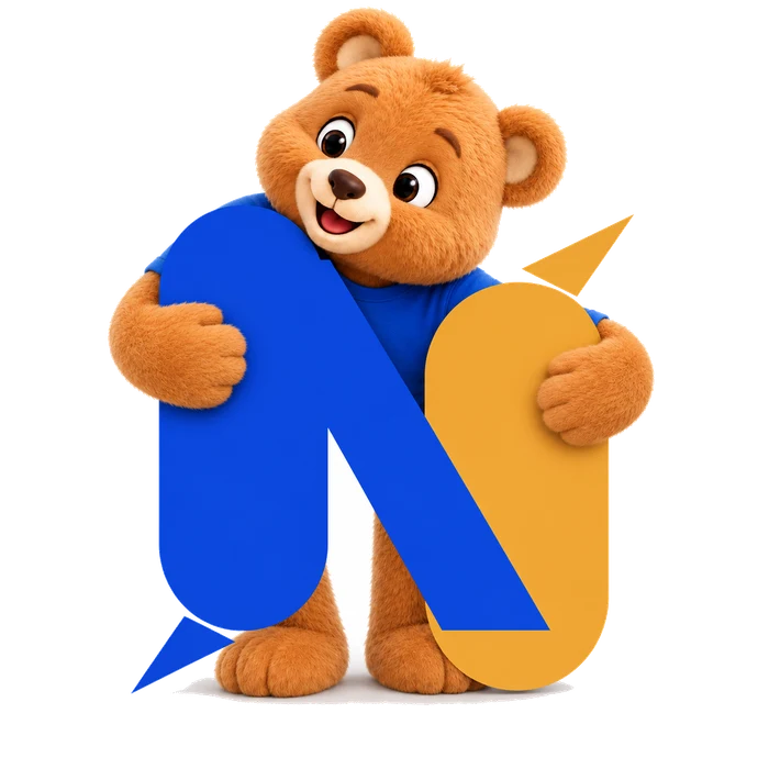 Neolife English maskotu peluş ayıcığın, markanın N logosuna arkadan sarılması